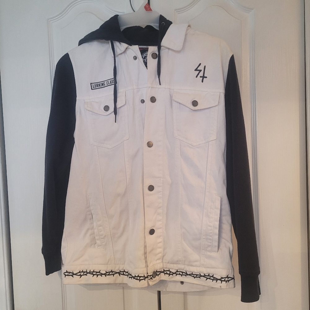 Lurking Class Jacket Mens Medium White Skeleton GFY Button Up Drawstring Denim